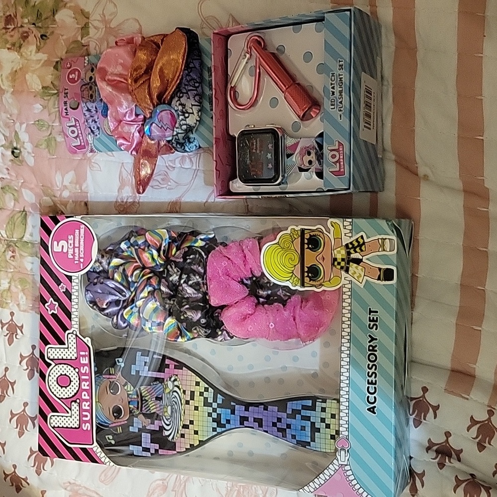 Lol 5pc. Brush and scrunchie set, hair ties, watch and flashlight light